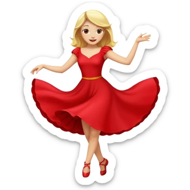 a yellow-blonde woman dancing wearing a red dress, in flat emoji / Apple style, smooth shapes, glossy highlights, bright saturated colors, simple features, minimal details, no outlines, red clothes flowing, joyful pose sticker