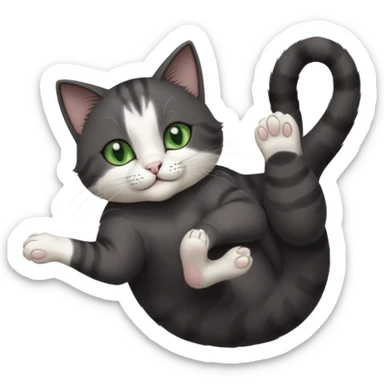 beautiful female solid dark grey cat with green eyes, white toes/paws and white patch on her chest playfully rolling upside down sticker