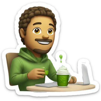 designer works on a computer and holds matcha tea in his hands
 sticker