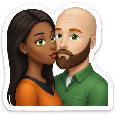 ebony black women with long balayage brown/black hair.  She is kissing bald white man. The White man is pale, green eyes has orange facial hair and long beard sticker