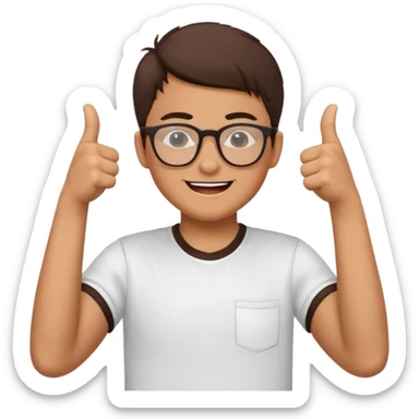 un estudiante que este parado con sus lentes guiñando el ojo y CON LAS MANOS HACIA ARRIBA DANDO LIKE sticker