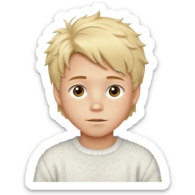 create-a-look-for-a-blond-boy-with-long-tousled-hair-light-eyes-a-white-sweat + fluffy white sweater + styled hair blonde with hair to the side cute + cute face with freckles  medium hair fluffy to the side no long hair cute hair blonded no messy medium height blue eyes sticker