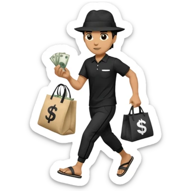 Make a man wear a black pant and he shirt is balck line and white line and wear a black hat and he holding a money bag and he running he wear a black eye thing no money in the Left hand and he yellow and the money bag in the right he wear a flip flop like this is Money bag 💰 NO MONEY sticker