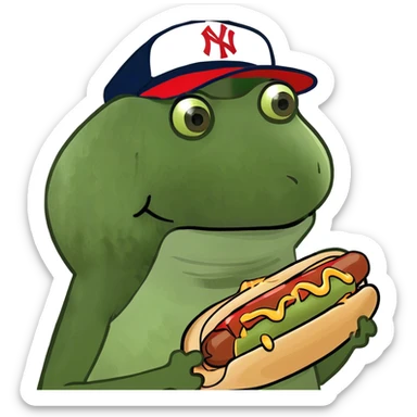 wearing a yankees hat, holding a hotdog sticker