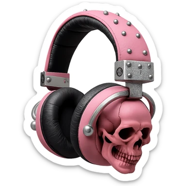 Isolate and keep only the realistic pink gothic headphones with sculpted skulls, leather texture, and silver studs in a photorealistic style with no background. sticker