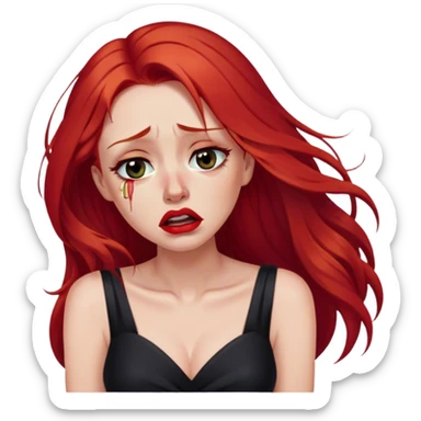 a crying woman with long red hair and red eyes. The woman wear a black little cutted dress. She have red lipstick and she have a seductive look. She cryed tears  sticker
