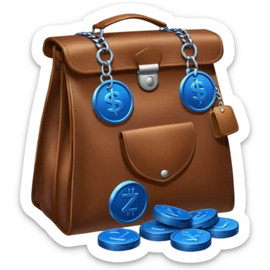leather bag on top of blue coins stack sticker