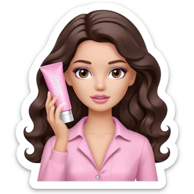 A white Barbie girl with long dark brown wavy hair in pale pink clothes smears by hand cosmetic cream on her face sticker