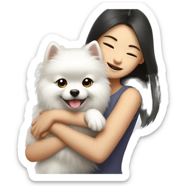 Chinese girl hug white Pomeranian sticker