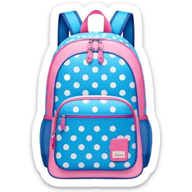 A stylish cute school backpack, medium-sized, with a modern design in bright blue and pink. It features a polka dots pattern of across the front pocket, giving it a sleek yet dynamic look, front view sticker