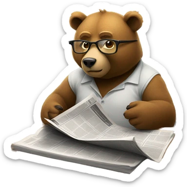 Bear sitting at a coffee table wearing glasses reading a newspaper sticker