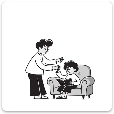 An elderly man combing the hair of an elderly woman sitting on a sofa reading a book sticker