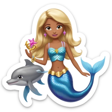 Brown skin blonde hair barbie mermaid with dolphin  sticker