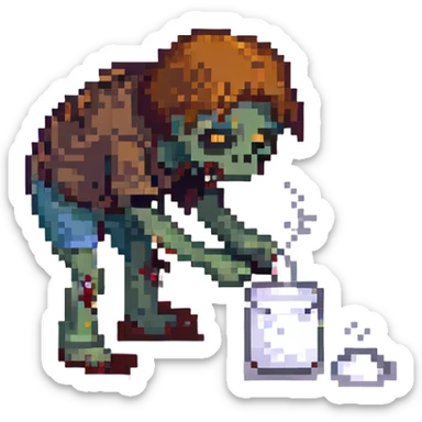 A zombie Leo  sniffing white powder with a background lab in the style of a pixel art sticker