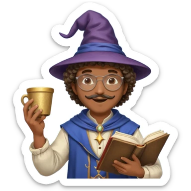 A Joyful Adult Male with Brown skin and Curly hair, wearing a Traditional outfit, a Wizard hat, Sunglasses, carrying a Spellbook, working as a farmer, while drinking Coffee and reading a Textbook. sticker