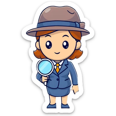 businesswoman with a detective hat and magnifying glass, looking closely at something sticker