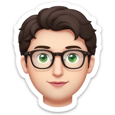 Young man with slightly curled dark brown poofy hair, green eyes wearing glasses, wide face with eyes set apart, bigger ears, very pale skin, slightly bigger nose, fuller darker pink lips with a smile, and very light stubble sticker