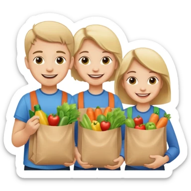 caucasian kids putting groceries in bags smiling sticker