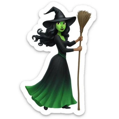 Beautiful Green witch with black hair and black dress dark on a flying broom stick  sticker