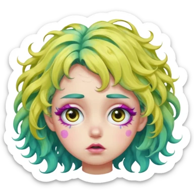 messy, wavy chartreuse hair, with pink specks, bushy eyelashes, and big round eyes, with irises that are teal on the outside and yellow on the inside while making a pouty face more light on the hair pls sticker