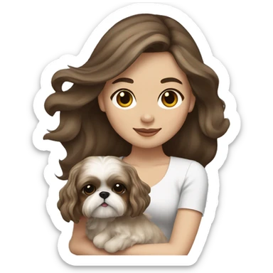 Young brunette hair woman with a cream shih tzu in her arms long wavy hair sticker