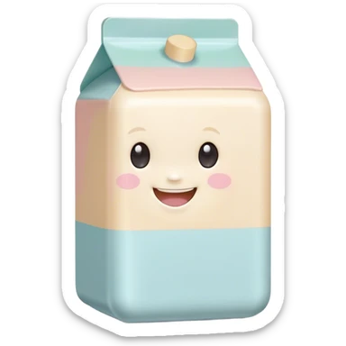 Cinematic adorable milk carton, soft pastel colors, tiny rounded edges, chubby smiling face, warm glowing highlights, gently tilting in a playful pose. sticker