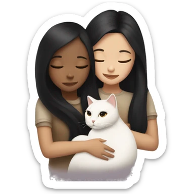 girl with very long black hair and light brown skin hugging a white cat sticker
