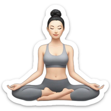 Pale skinned fit woman In a gray tight yoga suit and wristbands With black hair in a bun sits in the lotus position sticker