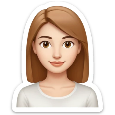 Young woman in her 20s with oval face, soft features, friendly bright smile, large light brown eyes, defined eyebrows, straight nose, medium lips, long straight light brown hair, wearing a white top sticker