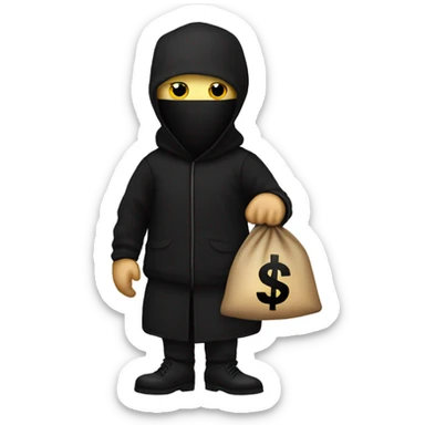 Thief wearing all black clothes actively stealing a money bag with the words Top Tier embroidered on it sticker