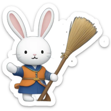 the rabbit, miffy, riding a broomstick with the night sky and stars in the background sticker