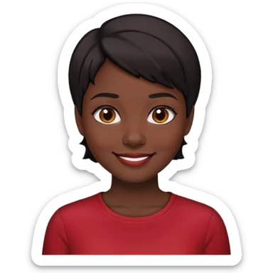 nữ 30 tuổi, da đen, tóc tém màu đen, mặt cười tươi vui vẻ, áo đỏ đậm sticker