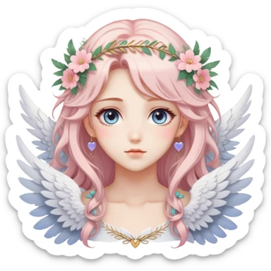 Dreamy pretty pastel anime flowers feathers hearts wings angelic laurel lady with pretty hair and gorgeous eyes aesthetic sticker