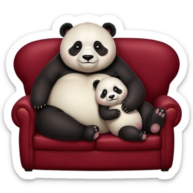 Cute overweight panda and baby snuggle on a realistic dark red velvet couch, which is too small for them. sticker