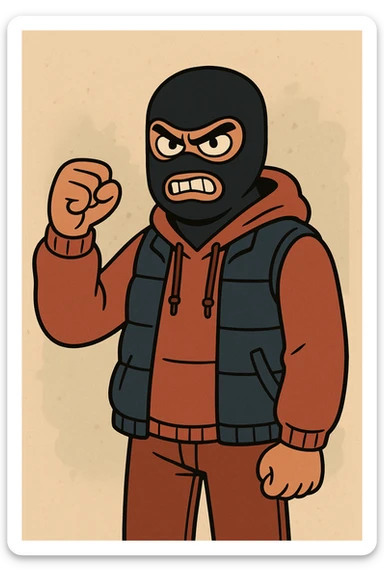 stylized thug character with a shiesty mask, bold colors, urban street style sticker