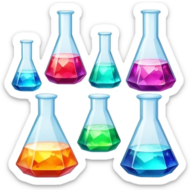 A set of colorful growing crystals in various stages of development, surrounded by beakers and jars with chemical solutions. Light shining on the crystals creates a dazzling glow. Background of a clean, well-lit workspace with scientific tools and equipment. Transparent background. sticker