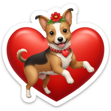 Short-haired Belgian  belgian Dog with a flowerband on head is jumping on a heart sticker