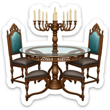 A glass topped ding table with 2 side benches and 2 thrones at the ends sticker