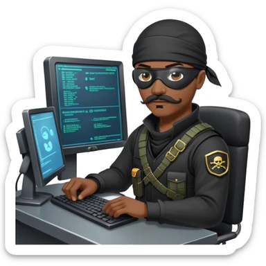 african-american mustache mercenary black asymmetrical eyepatch ninja hacker terminal command center sticker