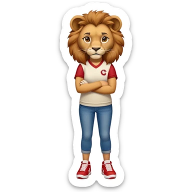 confident anthropomorphised female lion wearing a baseball shirt, jeans, trainers, arms crossed, strong and determined expression sticker