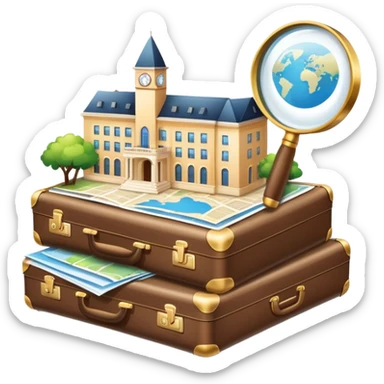 An icon featuring a suitcase, a hotel building, symbolizing the academic study of tourism and hospitality. The design includes a travel map and a magnifying glass, representing research into destinations and hospitality management. Transparent background sticker
