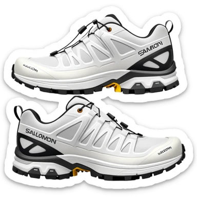 White Salomon XT-6 Gore-Tex trail running shoes, one positioned behind the other, simplified iOS emoji style, technical outdoor sneakers with trail sole, clean white colorway, minimalist design sticker