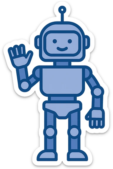 blue robot waving, friendly and simple, modern illustration style sticker