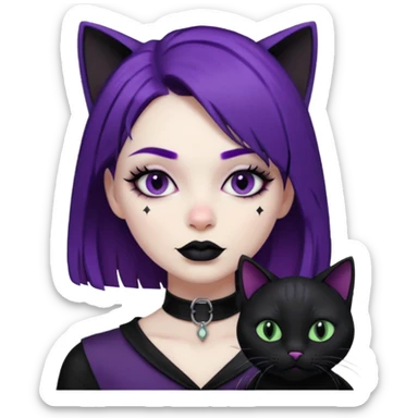 Goth purple woman with black cat. Animated sticker