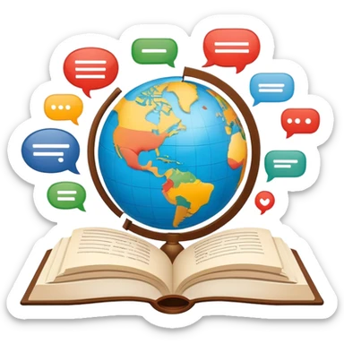 An icon showing a globe surrounded by speech bubbles with greetings in different languages, like 'Hello,' 'Hola,' and 'Bonjour.' The design includes an open book and a quill, symbolizing learning and communication. Transparent background emphasizes global connection through language. sticker