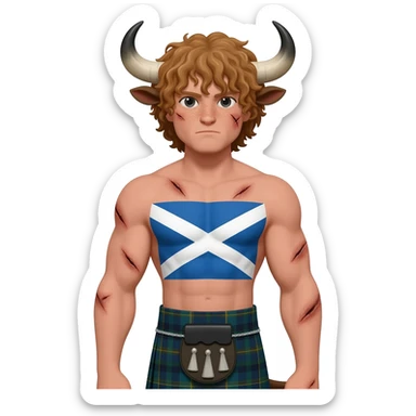 big buff curly man with scars on his face with freckles with messy light brown bangs that covers his face completely with bull horns and bull ears and bull tail dressed in kilt with big scottish flag sticker