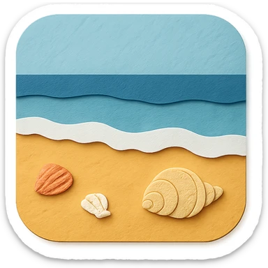 view of the ocean from the beach with sand, shells, and gentle waves in paper-craft style sticker