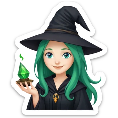 Young Witch in black robe and a witch's hat with green magic in her hand, long green hair and blue eyes smiling sticker