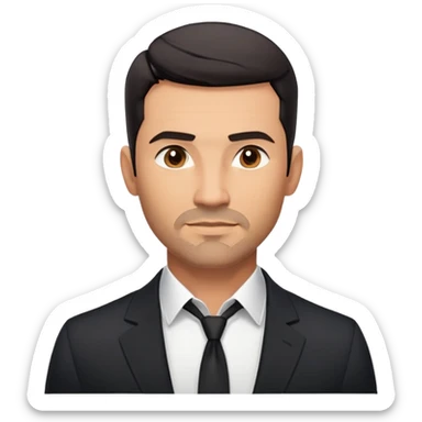 Handsome athletic man in his mid-40s with tan skin, short black hair with clear fade cut, 5 o'clock shadow facial hair, strong square masculine face, warm approachable expression, black blazer worn open, white buttoned shirt with collar unbuttoned, explicitly no tie sticker