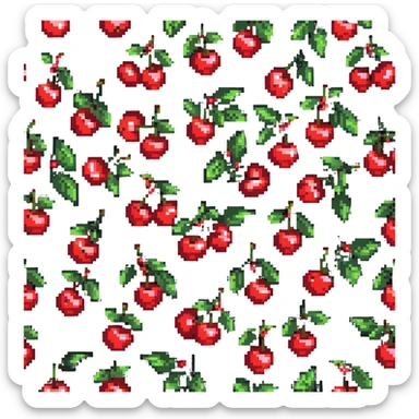 Pixel art of a small bunch of red cherries with green stems sticker